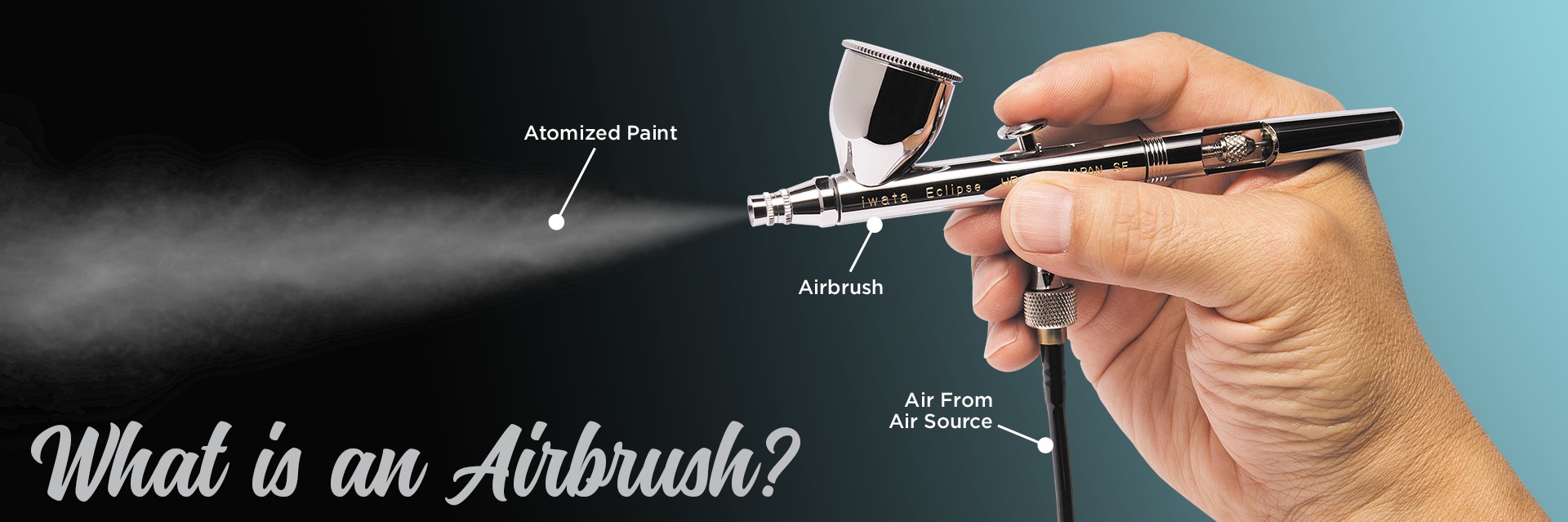 Male hand holding Iwata Gravity feed dual action Eclipse CS airbrush while spraying